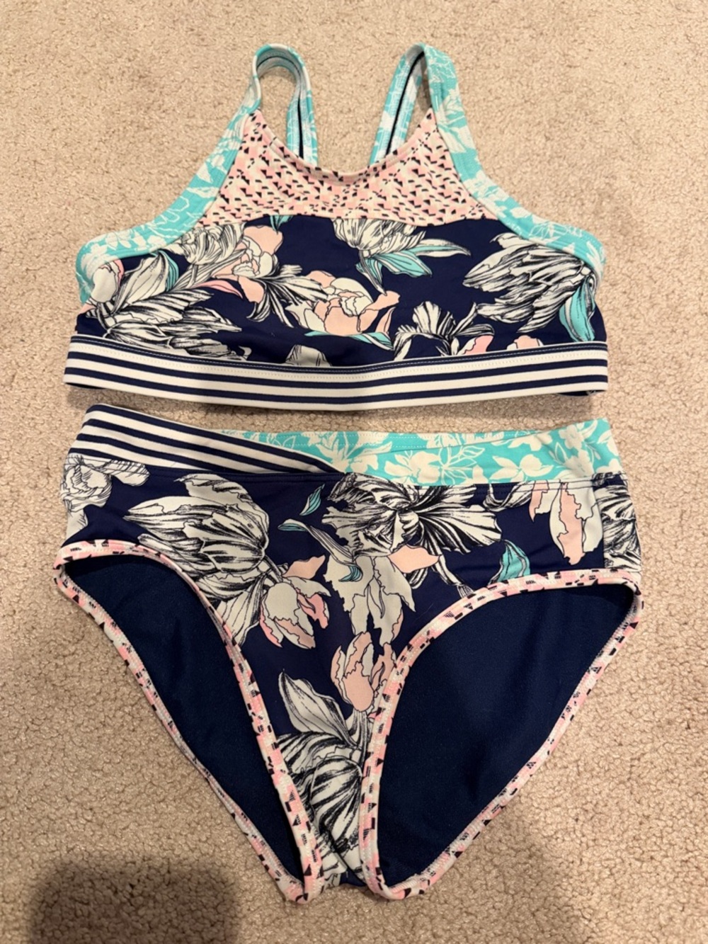 Athleta girl Floral Two-Piece Girls Bikini Set in Navy and Aqua sz 12